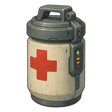 the image is the icon for a videogame insta-use item, it is a medpack- fututistic cyberpunk- resembles a canister with deadswitch grip and sensor, medical military clean plastic, opaque container, wide cylinder  sticker