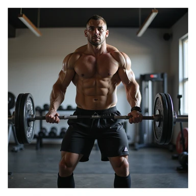 Uomo che si allena in palestra, esegue squat con bilanciere, abbigliamento sportivo, fisico atletico, atmosfera motivazionale, dettagli iperrealistici 4K, ambiente moderno da palestra. sticker