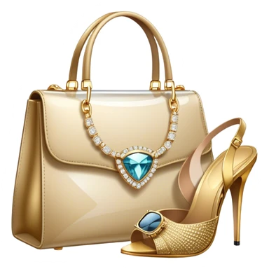 A photorealistic icon featuring luxurious fashion accessories like a high-end handbag, elegant high heels, a sparkling diamond necklace and a stylish pair of sunglasses. The design includes gold accents, purfume, and glamorous textures, fashion, and VIP luxury. Transparent background sticker