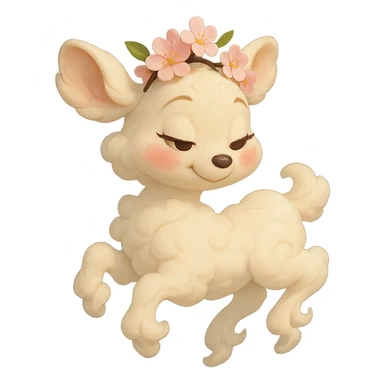 feminine vanilla cloud doe with rosy cheeks and cherry flowers on its head, floating gracefully, Pixar art style sticker