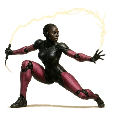 slim, powerful black female robot with small ear pieces, pink hexagonal arms and legs, holding a lightning whip by the handle in a dynamic, realistic action pose, no border, transparent background, realistic art style sticker