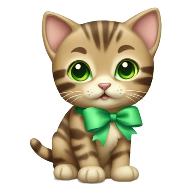extremely cute kawaii brown tabby kitten with green eyes and pastel green bow full body sticker