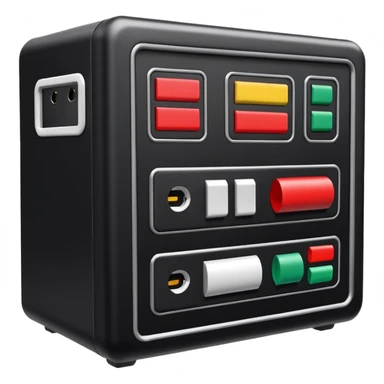 An open black hard-shell test case, inside: technical control panel, a power outlet, USB port, and colored test sockets. A large roll of white test labels lies next to the equipment, along with one red test probe. sticker