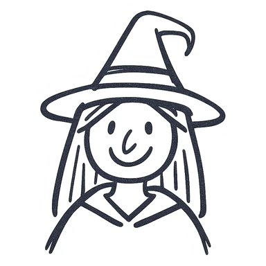witch icon, hand drawn style, sketchy black lines, whimsical and playful sticker