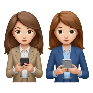 two brown haired girls, looking professional maybe leaned back on back and looking forward and using phones, with longer hair and with some cute clothes without ties, blowout hair, one girl can hold lap top athoer one can hold the phone sticker
