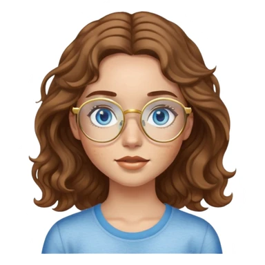 Girl with light skin, wavy brown hair, blue eyes, freckles, and gold glasses sticker