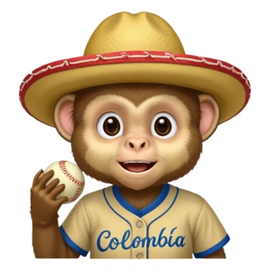 Crear una mascota que sea un mono capuchino sobre el cual predomine el color café, cara clara y expresiva, alegre, atlético, que lleve uniforme de softbol que diga Colombia, con un sombrero vueltiao' un poco inclinado que se vea personalizado con el nombre YAIFER sticker