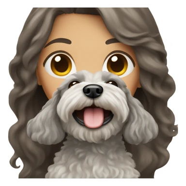 Brunette girl long straight hair, holding a gray maltipoo with a white snout sticker