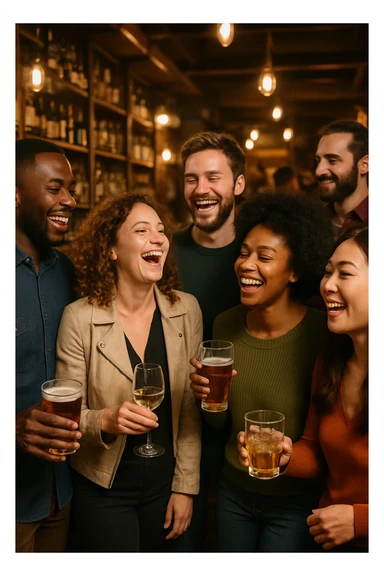A realistic bar party scene with a diverse group of people socializing, laughing, and holding drinks, set in a cozy bar with warm lighting and wooden decor, 9:16 aspect ratio. sticker
