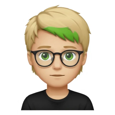 Generate me a profile picture like with a teenage boy who has dirty blond hair, green eyes, glasses and a black t-shirt sticker