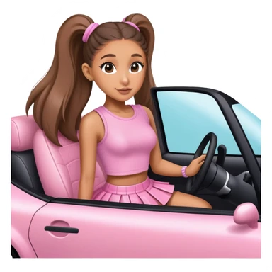Ariana grande wearing a pink croc top and pink short skirt skirt driving to the wicked set sticker