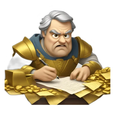 middle ages taxman, angry, writing on a paper, pile of gold sticker