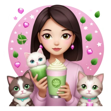 asian girl with shoart dark brown hair with a soft girl pink glowup aesthetic. matcha latte sparkles girly things, 2 ragdoll cats, skincare, makeup, money, luxury sticker