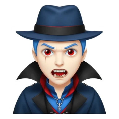 Vampire with blue hat,black coat with read collared ,teeth looks like vampire with aggression on face, full body. sticker