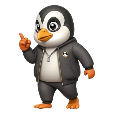 friendly anthropomorphised penguin wearing a mafia-style tracksuit, secretive scheming pose, soprano vibe, angry expression, walking quickly with a tense hurried stride, holding a knuckle duster sticker