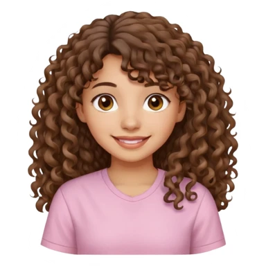 A Latina girl with brown eyes and long loose curly hair with curly bangs with a light pink shirt sticker