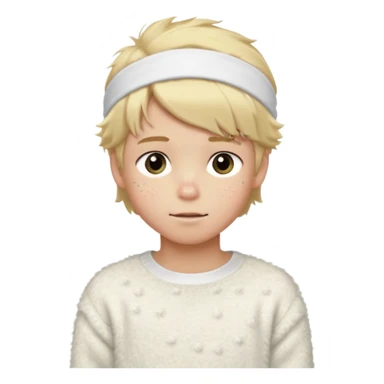 create-a-look-for-a-blond-boy-with-long-tousled-hair-light-eyes-a-white-sweat + fluffy white sweater + styled hair blonde with hair to the side cute + cute face with freckles  medium hair fluffy to the side no long hair cute hair blonded no messy medium height blue eyes cute + headband fluffy sticker