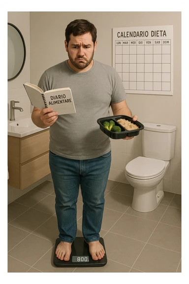 Uomo sulla trentina in piedi su una bilancia in bagno, con espressione delusa e confusa. In mano tiene un diario alimentare e un contenitore per i pasti già preparati, segno che sta seguendo una dieta. Dietro di lui un calendario con settimane segnate, ma senza cambiamenti. Il suo corpo appare identico a prima, senza progressi visibili. La bilancia digitale mostra lo stesso numero. Ambientazione pulita e moderna, toni neutri. Atmosfera di frustrazione e demotivazione, luce soffusa. scrivi tutti i testi in italiano sticker