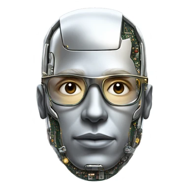 Male cyborg head with metallic skin, flat top, rectangular glasses and circuits sticker