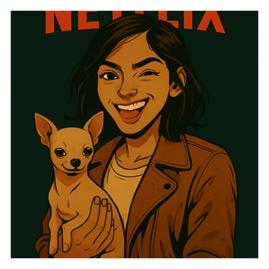 Restore the rebellious and playful expression on the face in the style of a Netflix series, keeping all other elements identical. sticker