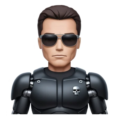 Schwarzenegger-like Terminator, upper body only, wearing his iconic clothes in black (all clothes must be black), looking human but with robotic details, and wearing dark sunglasses, hair must be dark
 sticker