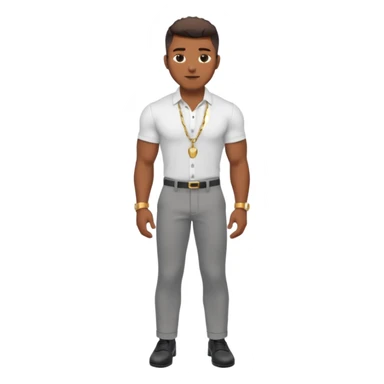 Handsome Black guy with brown skin tone, with lean muscular build, wearing gray slacks, a white button up top, black shoes, and a gold chain sticker