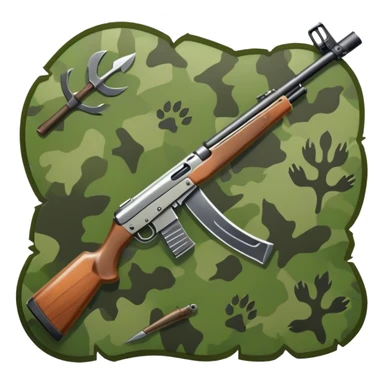 Icon for Hunting: a rifle, hunting knife and a set of animal tracks on the ground, surrounded by a camouflage pattern. The icon should represent the tools and spirit of hunting. Transparent background. sticker
