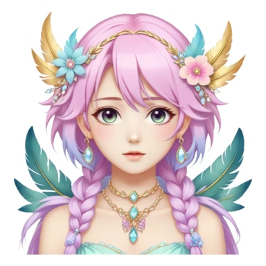 Beautiful gorgeous anime lady with beautiful pastel-special-hair, fashion aesthetic, ethereal, fairycore, pastelcore, feather, flower, crystals, accessories, jewelries, gold, colorful, gold laurel sticker