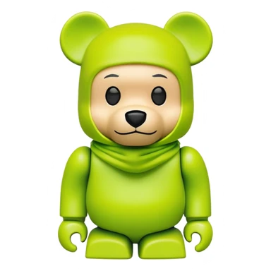 authentic bearbrick collectible figure with squared head and bear features, wearing a bright lime balaclava with defined thick eyebrows, toy design sticker