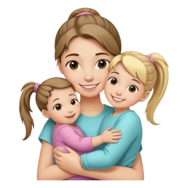 Teenage girl with ponytail embracing a baby and her little sister, loving family sticker