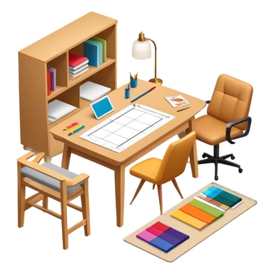 Icon for Furniture Design: a workspace with a designer sketching a piece of furniture, surrounded by design tools like a ruler, pencil, fabric swatches, and a 3D model of the furniture. The icon should represent the design process and creativity in furniture making. Transparent background. sticker
