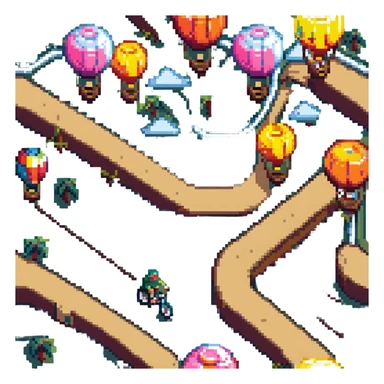 BMX track with hot air balloons in the background, pixel art style sticker