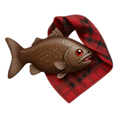 Chocolate brown colored doodle with a red and black flannel hankerchief holding a plush trout fish chew toy sticker