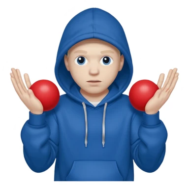 white rapper in a hoodie holding blue and red balls in opposite hands sticker