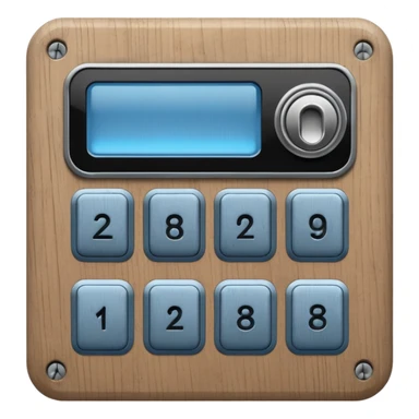 wooden rectangle keypad with a blue small screen and a door holder sticker