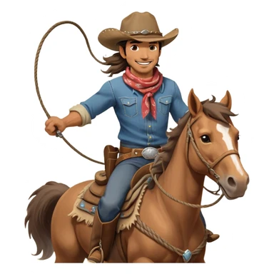 clash-of-clans-aesthetic_-cinematic-playful-cowboy-portrait-emoji, head-tilted with a roguish, cheeky grin and twinkling eyes, featuring a rugged, spirited build with a wide-brimmed cowboy hat and a weathered bandana on tan skin, riding a powerful galloping horse with dynamic flowing mane, reins gripped firmly in one hand and a lasso in the other, as dust swirls behind them in a vast desert landscape. sticker