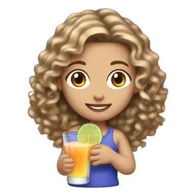Long curly brown hair with blonde highlights, white skin with a cocktail sticker