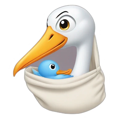 stork delivering baby boy in fabric held in its beak you can see the baby boys face popping from the top of the sack sticker