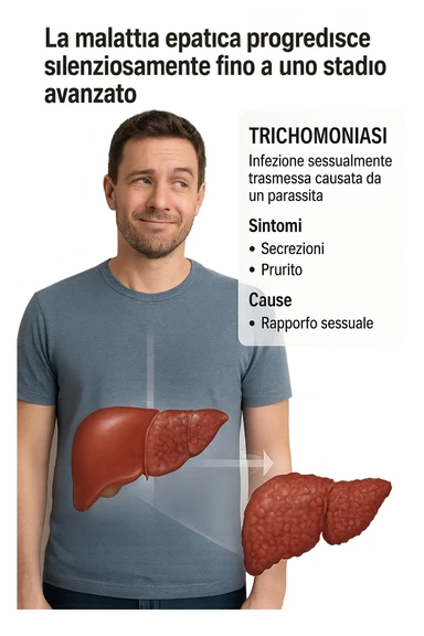 "Healthy-looking man unaware that liver disease develops slowly with most people having no symptoms until late stage A sexually transmitted infection caused by a parasite-Trichomoniasis - Symptoms & causes - Mayo Clinic, expression of false confidence in his health, transparent liver overlay showing progressive damage despite feeling normal, time-lapse visualization of gradual liver deterioration in italiano sticker