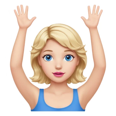 Girl Blonde short wavy hair,  blue eyes, cute blue top, long lashes, pink lips, both hand up in the air  sticker