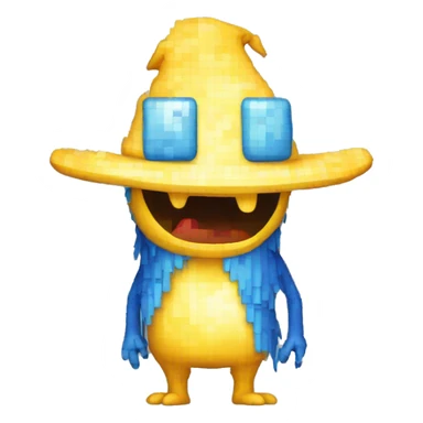 pixelated monster with white body, yellow tail, wearing blue skywitch hat. the face facing the front (through the 4th wall) sticker