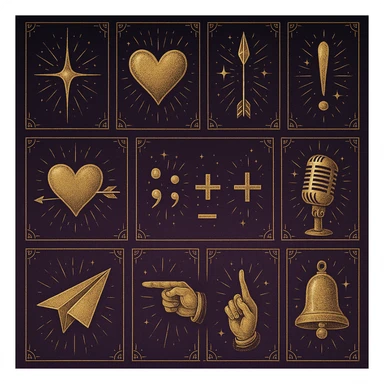 lights, hearts, arrows, punctuation marks, mathematical signs, microphone, telegram airplane, finger points, bell, all in tarot aesthetics with a dark purple gradient to light purple background sticker
