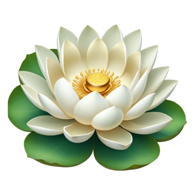 Pure white lotus flower with delicate pristine petals and golden center, accompanied by botanically accurate lotus leaf with distinctive notch and upturned edges sticker