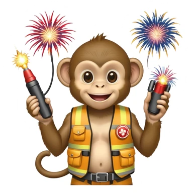 Baby monkey that is holding a detonator in one hand. The monkey is wearing a vest and smiling. On the monkey’s vest there are fireworks attached sticker