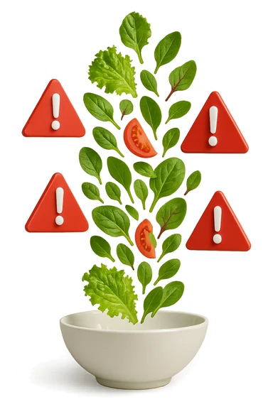 insalata che cade verticalmente in una bowl bianca insieme a segnali triangolari di pericolo con punti esclamativi rossi in 3d, iperrealistica 4k sticker