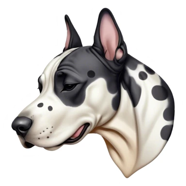 Meme-Worthy Cute Sleeping Harlequin Great Dane Portrait Emoji, Head resting peacefully with a contented smile, showcasing a delightfully majestic build and a luxuriously soft coat of predominantly white with bold black patches, eyes shut in a serene nap, Simplified yet hilariously adorable features, highly detailed, glowing with a soft, drowsy light, high shine, relaxed and utterly lovable, stylized with an air of playful laziness, bright and heartwarming, soft glowing outline, capturing the essence of a comically sleepy guardian, so meme-worthy it feels like it could instantly become the next viral sensation of adorable slumber! sticker