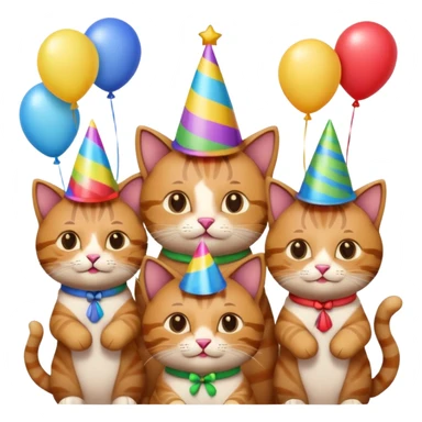 six male cats celebrating at a birthday party, festive, colorful, playful, each cat with a unique party accessory, emoji style sticker
