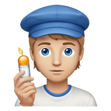 white guy with light brown hair blue eyes with backwards cap on holding a shot sticker