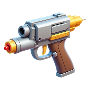 Clash of Clans aesthetic: Cinematic Playful 3D Isometric Laser Gun Emoji, rendered in a 3D vector-style similar to standard emojis with minimal shading and bold, simplified shapes. A compact, distinct form with signature details, softly glowing with a futuristic sci-fi warfare charm. Simplified yet unmistakably iconic, highly detailed and consistent, glowing with a soft radiance and high shine. Stylized with a touch of high-tech brilliance and a soft glowing outline, capturing the essence of a beloved gaming relic with a friendly, playful manner! sticker