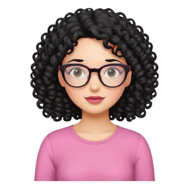 Fair girl with curly black hair and glasses wearing a pink top sticker